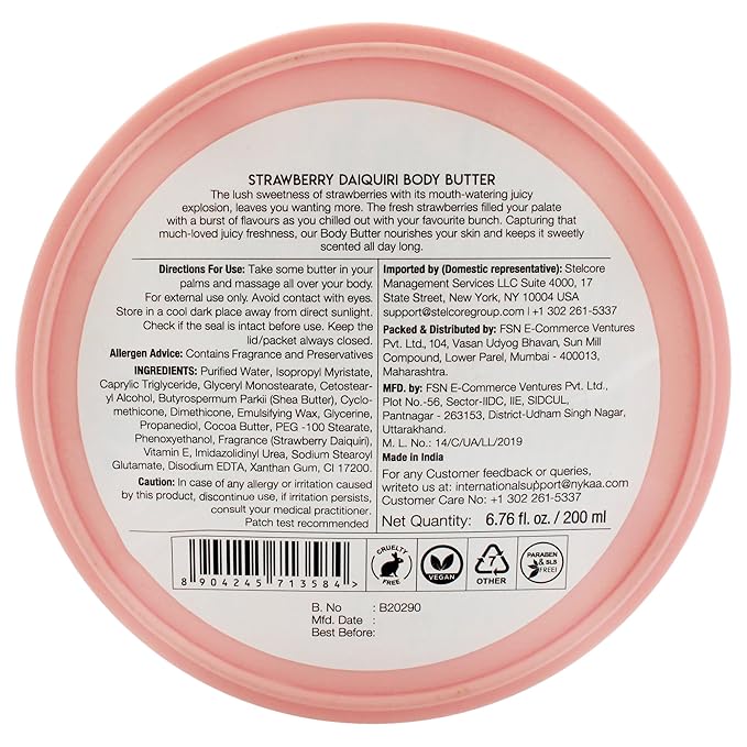 Nykaa Naturals Wanderlust Body Butter - Enriched with Shea, Cocoa Butter, and Almond Oil - Vegan, Cruelty-Free - Strawberry Daiquiri - Vegan - 6.7 oz