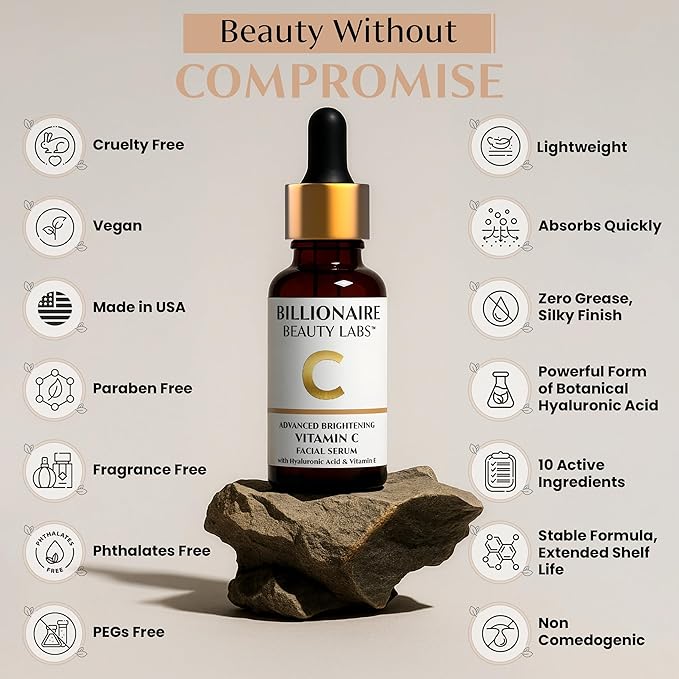 Billionaire Beauty Labs Vitamin C Serum for Face - Anti Aging Brightening Serum with Hyaluronic Acid & Vitamin E - Hydrating Facial Serum for Radiance, Fine Lines & Wrinkles - Made in USA 1 fl oz
