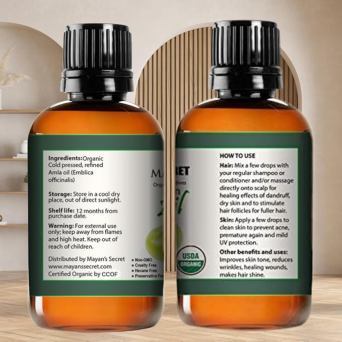 Mayan’s Secret Organic Amla Oil for Hair & Scalp – Cold Pressed Indian Gooseberry Oil, USDA Certified Organic, Unrefined, Natural Conditioning Oil for Shine & Moisture – 4 oz Amber Glass Bottle