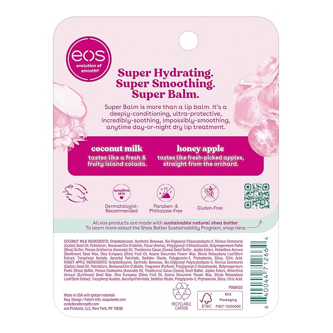 eos 24H Moisture Super Balm - Coconut Milk & Honey Apple,Day or Night Lip Treatment,Made for Sensitive Skin,Lip Balms & Moisturizers,0.35 fl oz,(Pack of 4)