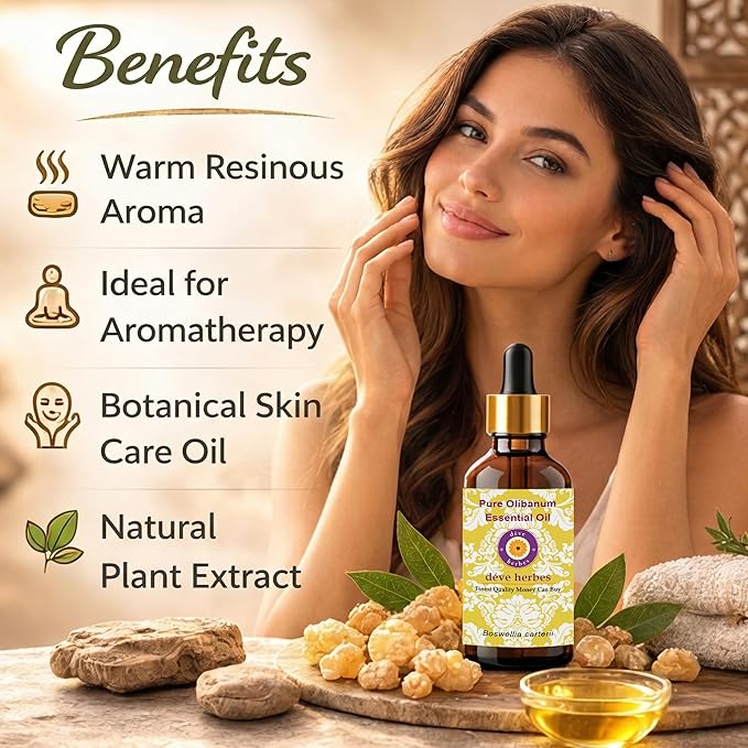 dève herbes Olibanum Essential Oil (Boswellia carterii) Pure | Non-Sticky | Non-Greasy | Lightweight | Men & Women | All Skin Types | Steam Distilled 15ml (0.5 oz)