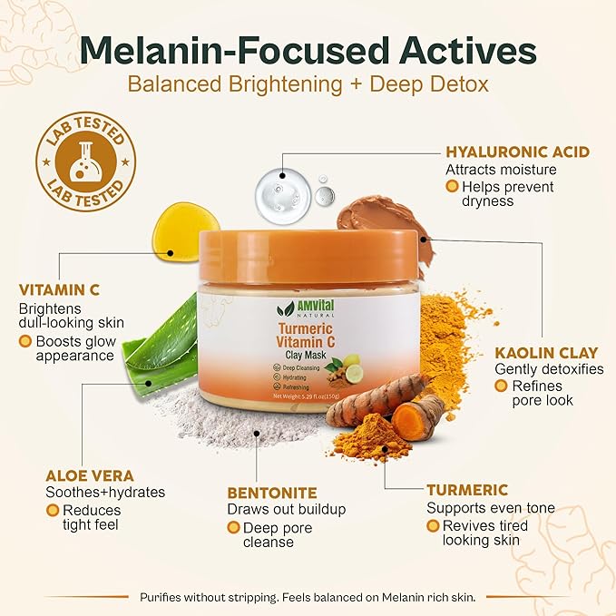AMVital Turmeric Face Mask, Clay Facial Masks with Vitamin C, Skin Care for Acne and dark Spots, Smooth & Refine Pores, Anti Aging for Women, Non-Greasy Hydrating