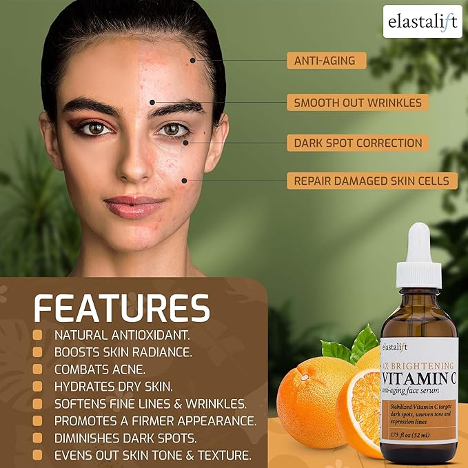 Elastalift Vitamin C Facial Serum For Age Spots, Wrinkles, & Expression Lines. Anti-Aging Face Serum W/Vitamin C & Hyaluronic Acid Brightens Skin To Promote Healthier Skin Complexion (2-Pack)