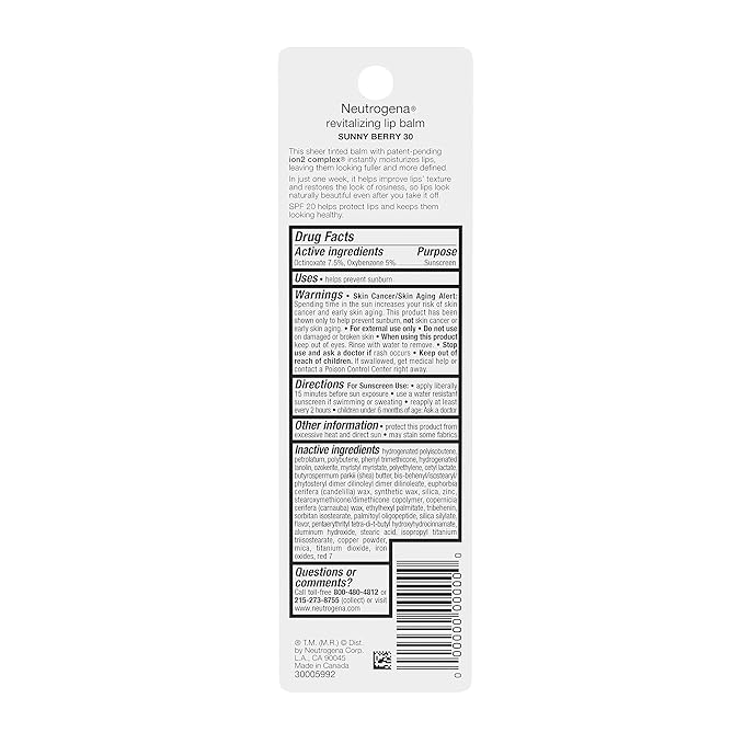Neutrogena Lip Balm, Revitalizing Moisturizing Tinted SPF 20 | Sunny Berry | Pack of 2 | .15 oz | Soothing