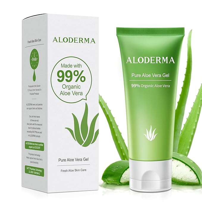 Aloderma Aloe Vera Gel Made within 12 Hours of Harvest with 99% Pure Organic Aloe Vera, Easy Travel Size Tube for Body, Face, & Scalp, Cooling & Soothing Support for Skin & Sunburn - 1.5oz