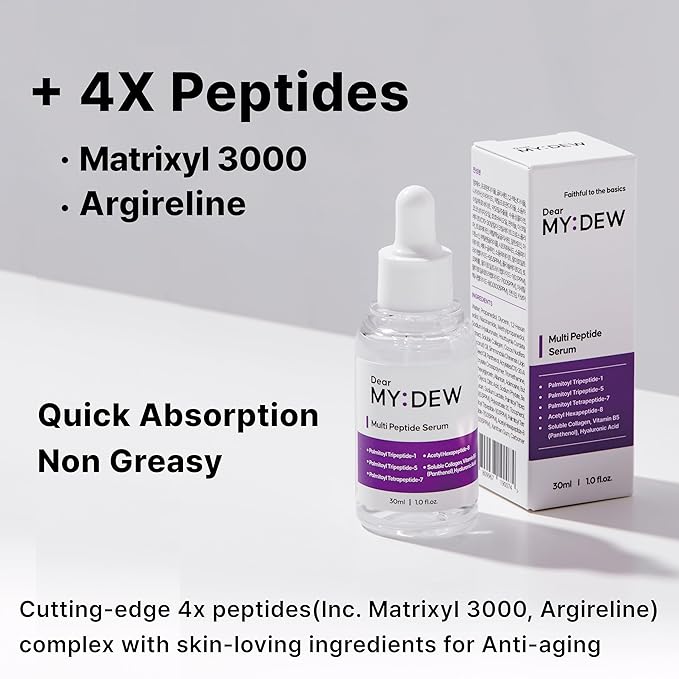 DearMYDEW Multi Peptide Complex Serum, Matrixyl 3000, Argireline, Vegan Collagen, Niacinamide, Hyaluronic Acid for Anti-Aging, Anti-Wrinkles, Collagen Boost for Elasticity, Korean Skincare, 1Fl Oz