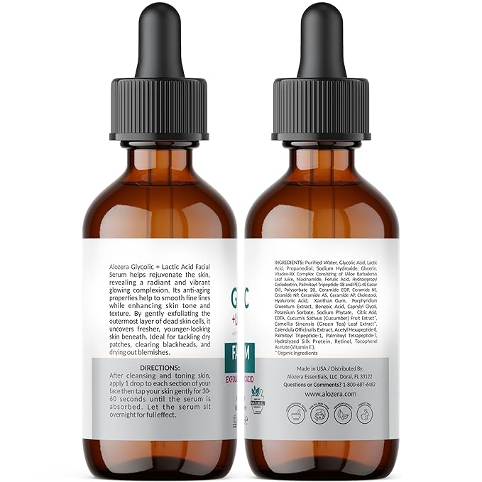 Alozera AHA Serum for Face with Glycolic Acid & Lactic Acid, AHA Exfoliating & Pore Refining Treatment Serum for Smoother, Renewed Skin, Helps Improve Skin Texture, Night Time Serum