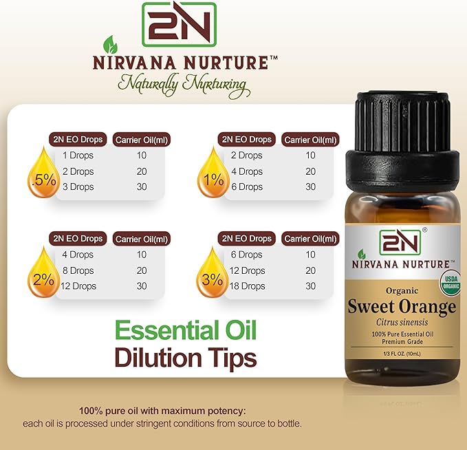 Sweet Orange Essential Oil, USDA Certified Organic, 100% Pure Undiluted, Aromatherapy Oil for Diffuser, Hair & Skin Care