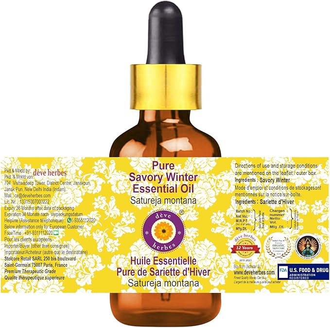 dève herbes Savory Winter Essential Oil (Satureja Montana) with Glass Dropper | Pure | Non-Sticky | Non-Greasy | Lightweight | Men & Women | All Skin Types | Steam Distilled 30ml (1 oz)