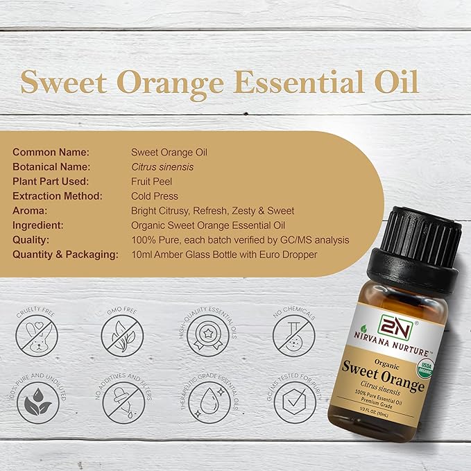 Sweet Orange Essential Oil, USDA Certified Organic, 100% Pure Undiluted, Aromatherapy Oil for Diffuser, Hair & Skin Care