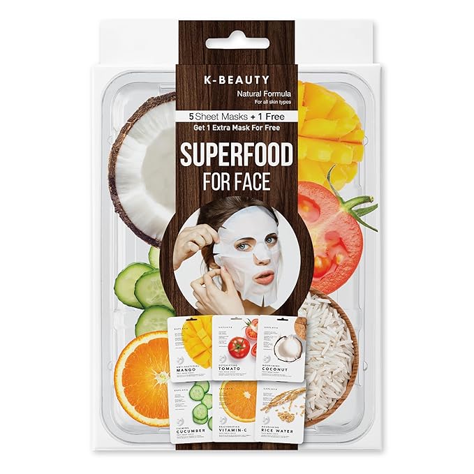 Saplaya K-Beauty Facial Skincare Natural Beauty Multi-Pack Face Sheet Masks Balanced Skin Care Made In South Korea (Superfood (Pumpkin, Coconut, Cucumber, Vitamin-C, Aloe, Rice))