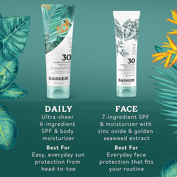 Badger Mineral Daily Sunscreen with Zinc Oxide, SPF 30, Lightweight & Easy to Apply w/No White Cast, Moisturizing Organic Sunscreen, Reef Safe, Vegan, Unscented, 4 fl oz
