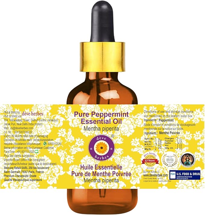 Deve herbes Pure Peppermint Essential Oil (Mentha piperita) Steam Distilled with Glass Dropper 100ml x 3 (10 oz)