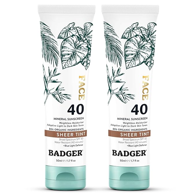 Badger Tinted Sunscreen for Face SPF 40, Lightweight Tinted Mineral Sunscreen w/Sheer Tint Warm Finish for Light or Dark Skin, No White Cast, 80% Organic, Water Resistant, Unscented, 1.7 floz, 2 Pack