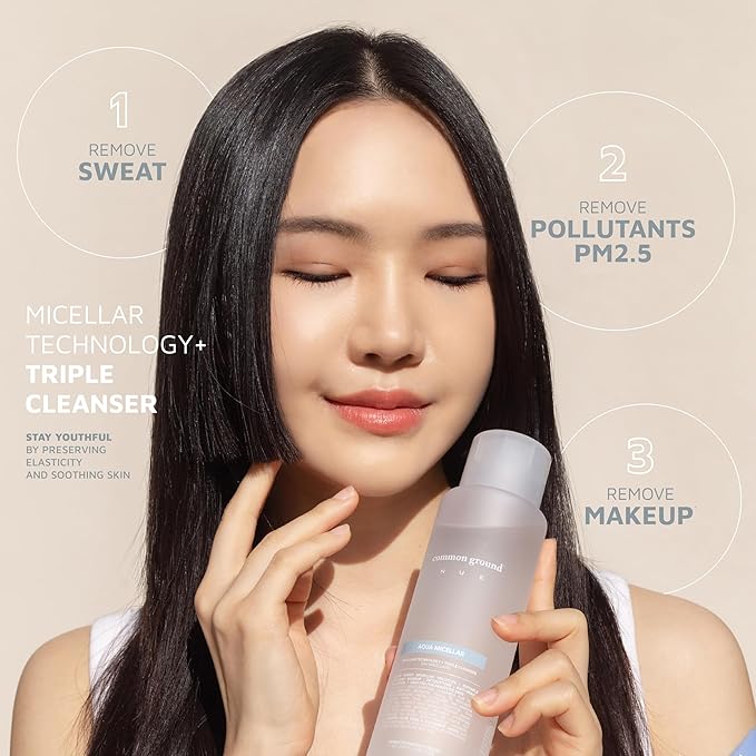 COMMON GROUND NUE Aqua Micellar Water Makeup Remover 3-in-1 Cleanser, Astringent, Makeup Remover, Non-Greasy, No-Rinse, Hydrating, Plant-Based, Organic Aloe Vera & Cucumber, 8.4 Fl Oz