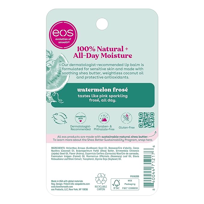 eos 100% Natural Lip Balm, Watermelon Frosé, All-Day Moisture, Lip Care Products, 0.14 oz, 2-Pack