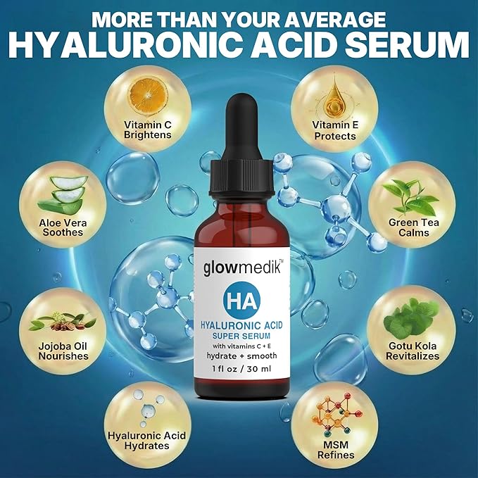 Glowmedik Hyaluronic Acid Serum for Face with Vitamin C & E - Advanced Hydrating Face Serum for Dry Skin, Fine Lines & Wrinkles - Vegan Facial Moisturizer for Women 1 fl oz 30ml