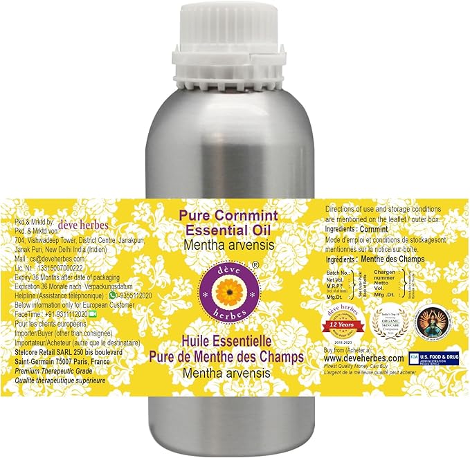 Deve Herbes Pure Cornmint Essential Oil (Mentha arvensis) Steam Distilled 630ml (21 oz)
