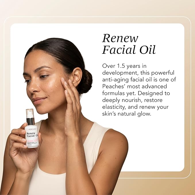 Peaches Skin Care Renew Facial Oil – Squalene-Rich Olive Oil for Face with Vitamin C and E – Nourishing Formula for Balanced, Smoother-Looking Skin – 1 oz