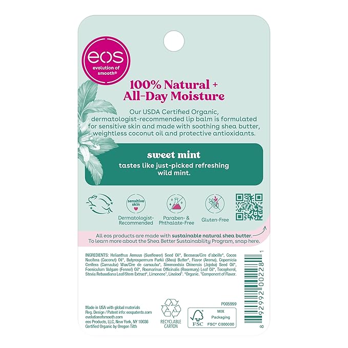 eos 100% Natural & Organic Lip Balm - Sweet Mint, All-Day Moisture, Dermatologist Recommended for Sensitive Skin Care, Lip Care Products, 0.25 oz (Pack of 2)