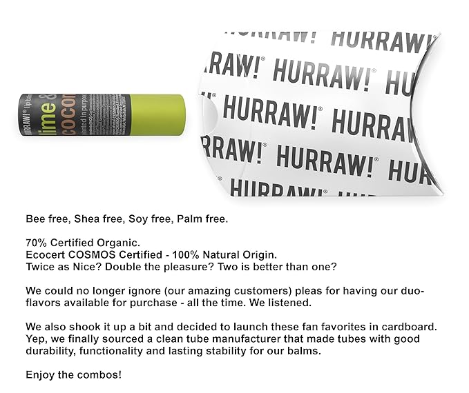 Hurraw! Lime & Coconut Lip Balm: Plastic-Free with new cardboard push-up tube. Certified Organic, 100% Natural Origin, Vegan, and Cruelty Free. Gluten Free. Bee, Shea, Soy and Palm Free. Made in USA