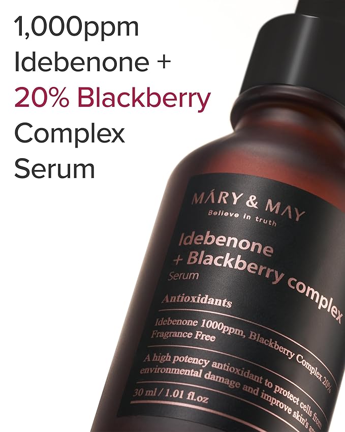 Mary&May Idebenone 1000ppm + Blackberry 20% Antioxidant Face Serum – Gentle Vitamin C Alternative for Fine Lines & Dullness, Fast-Absorbing, Non-Sticky, Fragrance-Free, EWG Verified, 1.01 fl oz