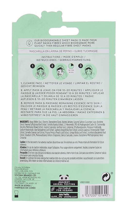 Oh K! Sheet Mask - Cucumber - Moisturizing Face Mask - Hydrating Face Sheets - Rich in Cucumber, Chamomile Extract - Korean Skincare - 1 Pc (Pack of 2)