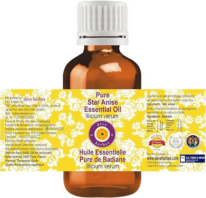 Deve Herbes Pure Star Anise Essential Oil (lllicium verum) Steam Distilled 5ml (0.16 oz)