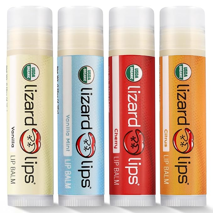 LizardLips Natural Lip Balm Set of 4 ;USDA Certification Lip Moisturizer; Vanilla, Vanilla Mint, Cherry, Citrus; Travel-Friendly Everyday Care; Fun Quirky Beach Vacation Essentials