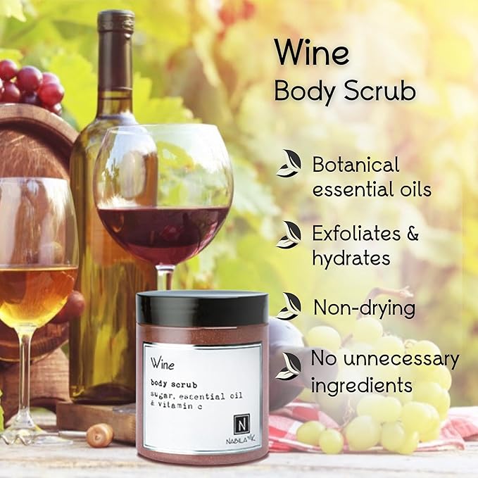Wine Body Scrub Made in USA with Essential Oil and Vitamin C by Nabila K - Exfoliate and Moisturize for Smooth Skin - Luxury for Women & Men, 10 oz