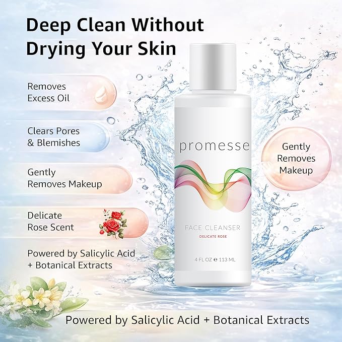 promesse Acne Control Facial Cleanser with Glycolic & Salicylic Acid | Anti-Aging Gentle Exfoliating Face Wash | Rose Scented Hydrating Cleanser with Natural Ingredients for Skin Wash - 4 fl oz