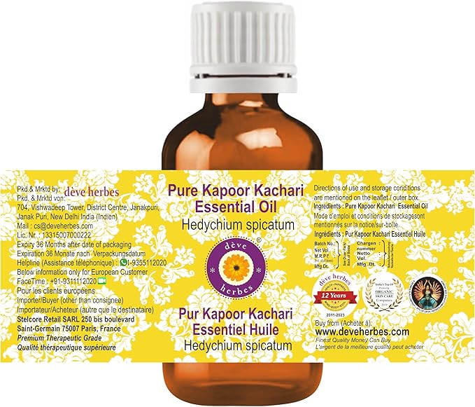 dève herbes Kapoor Kachari Essential Oil (Hedychium spicatum) Pure | Non-Sticky | Non-Greasy | Lightweight | Men & Women | All Skin Types | Steam Distilled 30ml (1 oz)