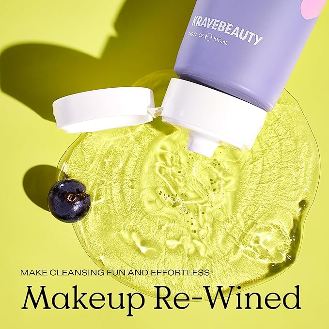 KraveBeauty Makeup Re-wined Cleansing Oil Makeup Remover, Transforming Jelly Oil Cleanser Dissolves Waterproof Makeup & SPF with Sunflower & Grape Seed Oils, Fragrance Free, 100 mL