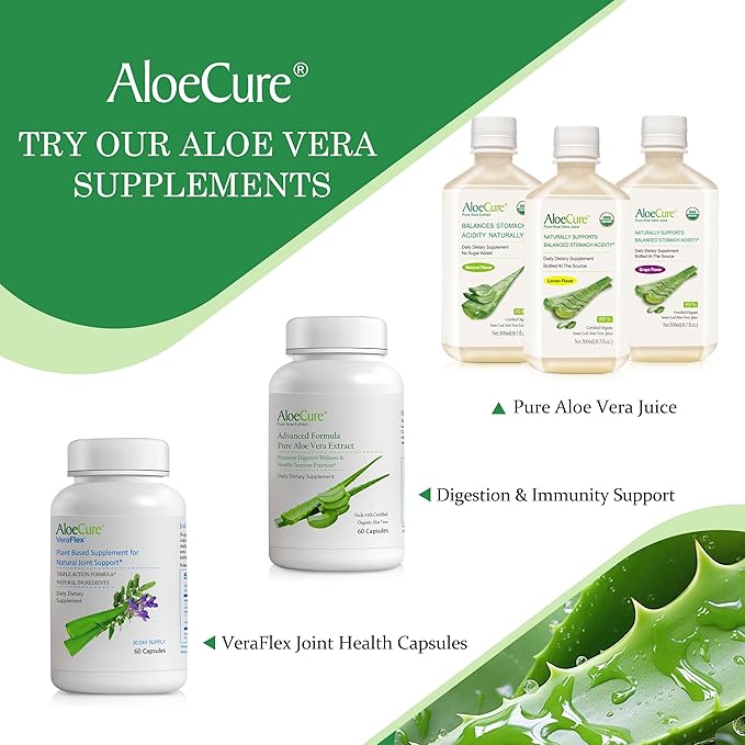 AloeCure USDA Organic Aloe Vera Juice Lemon Flavor - Made Within 12 Hours of Harvest - Natural Digestive Supplement for Balanced Stomach Acidity - Support Digestive and Immune Health, 6 Btls x 16.7oz