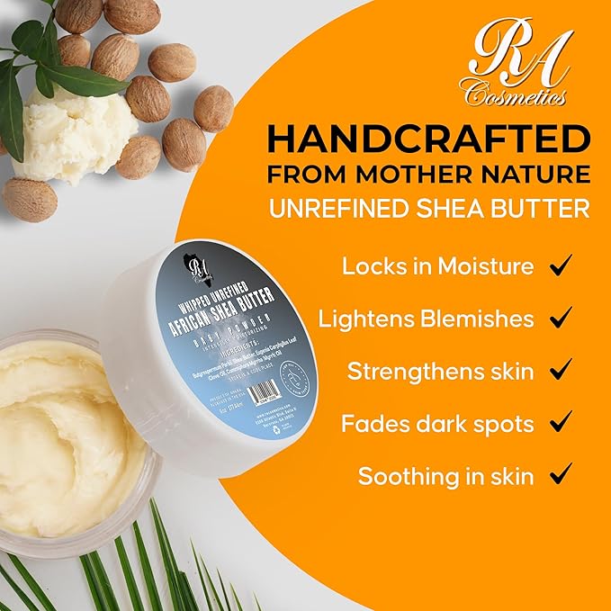 RA Cosmetics Whipped Shea Butter Baby Powder - 6oz | 100% Pure & Natural African Shea Butter for Men & Women - Ultimate Handcrafted Moisturizer with Essential Vitamins for Radiant Skin & Luscious Hair