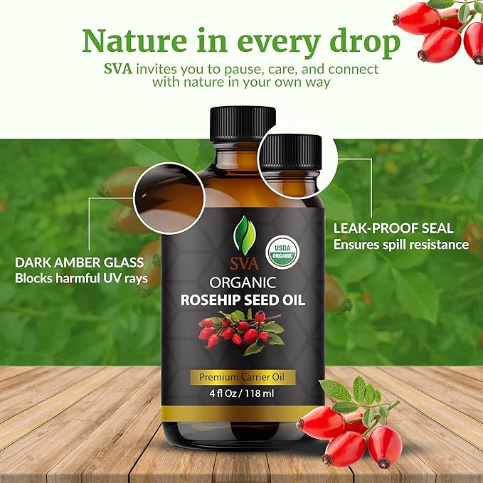 SVA Rosehip Seed Oil Organic - 4 Fl Oz – 100% Natural Cold Pressed Organic Rosehip Oil - for Face, Skin Care, Hair Care, Scalp Massage & Body Massage – Carrier Oil with Dropper