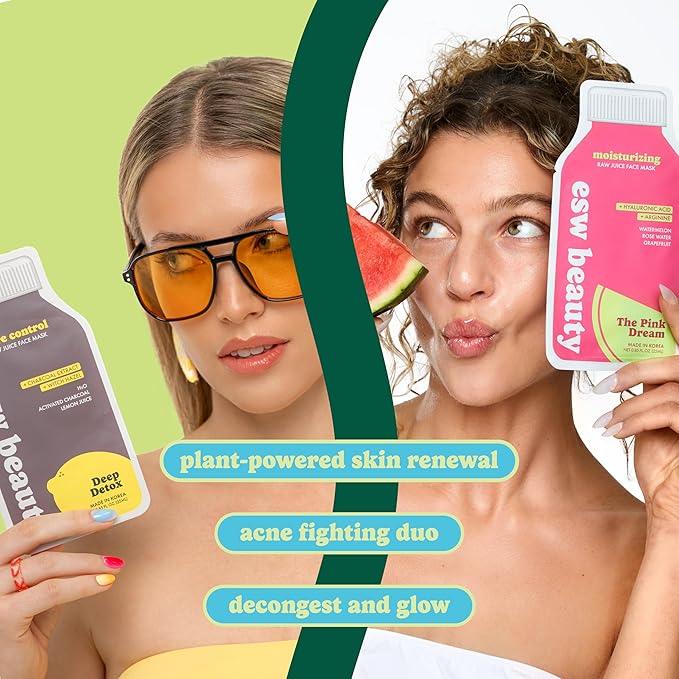 ESW Beauty Detox & Hydrating Face Masks - 2-Pack Raw Juice Sheet Mask Set - Clarifying & Moisturizing Skincare Set - Includes Deep Detox & The Pink Dream