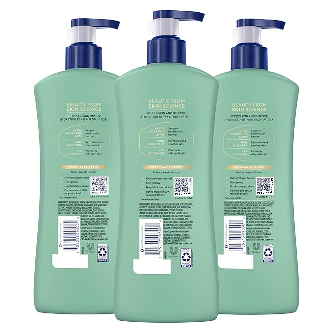 Vaseline Intensive Care Body Lotion for Dry Skin Soothing Hydration Lotion Made with Ultra-Hydrating Lipids + 1% Aloe Vera Extract to Refresh Dehydrated Skin 20.3 oz, Pack of 3 (packaging May Vary)