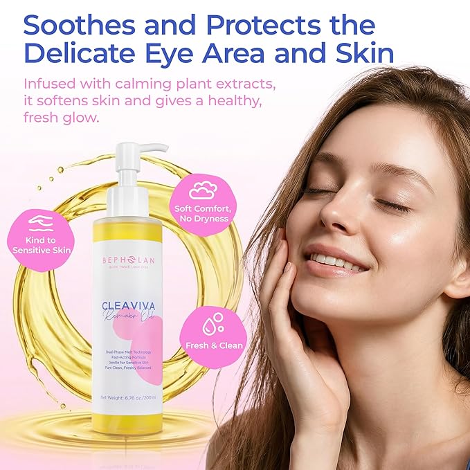 BEPHOLAN Deep Cleansing Oil, Oil Cleanser for Face Makeup Blackhead Remover Hydrating Makeup Remover for Waterproof Makeup Sea Buckthorn Oil Cleanser with Jojoba for Sensitive Skin 6.76fl oz