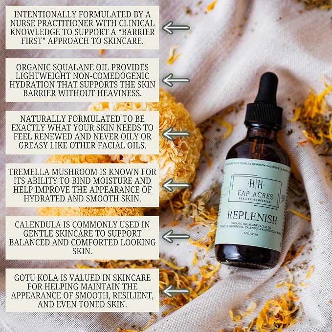 Organic Facial Oil for Dry, Sensitive, Mature skin–Organic Squalane oil Infused with Organic Tremella Mushroom/Calendula/Gotu Kola–Lightweight, Hydrating, Gentle, Soothing, Nourishing (REPLENISH)