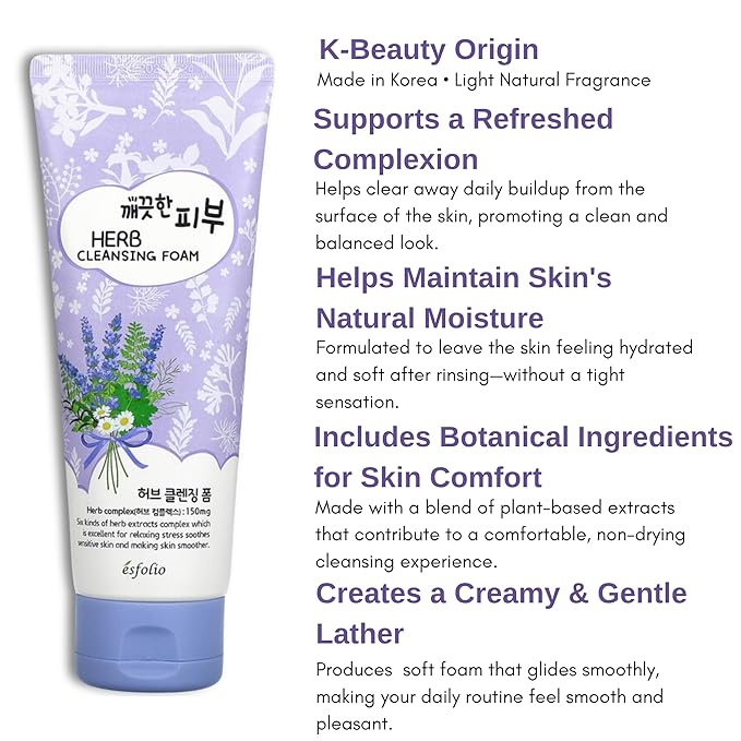 esfolio Herb Cleansing Foam - Gentle Face Wash with Natural Herbal Extracts for Deep Cleansing, Hydrating & Soothing - Suitable for All Skin Types (5.29 OZ-150ML)