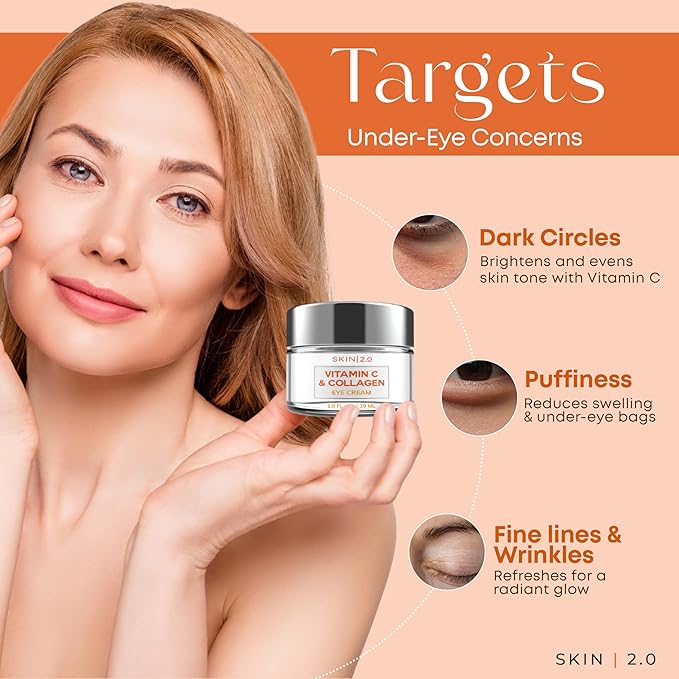 Skin 2.0 Vitamin C & Collagen Under Eye Cream for Dark Circles, Puffiness & Wrinkles – Hydrating, Firming & Restoring Radiance – Dermatologist Tested, Korean Skin Care, Vegan, Clean Beauty – 1 fl oz