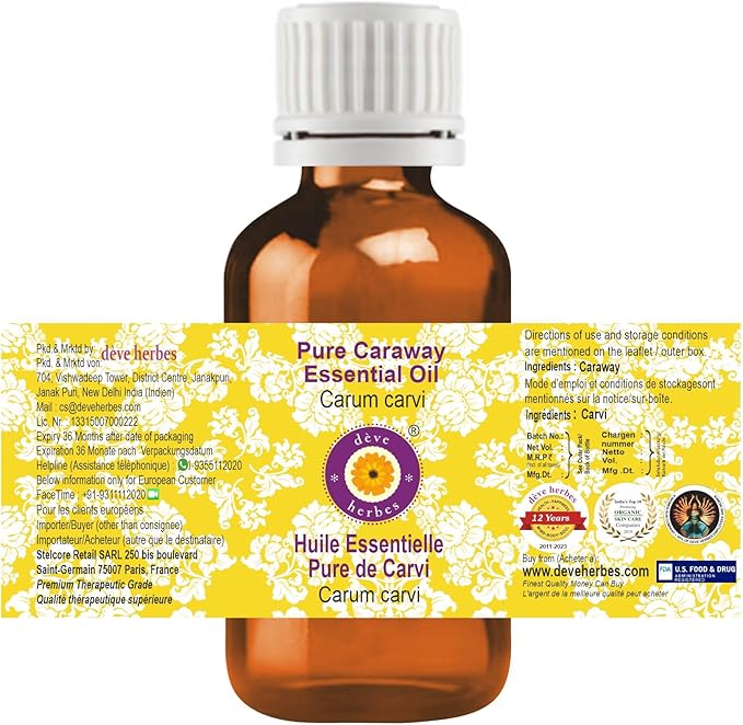 Deve Herbes Pure Caraway Essential Oil (Carum carvi) Steam Distilled 30ml (1 oz)