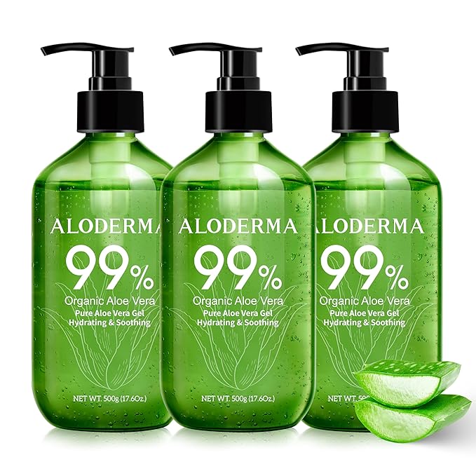 Aloderma Aloe Vera Gel - Large 17.6oz Value Pump - Made within 12 Hours of Harvest with 99% Organic Aloe Vera, Lightweight, Non-Sticky for Sunburns, Natural, Soothing Aloe Vera for Face & Hair, 3-Pack