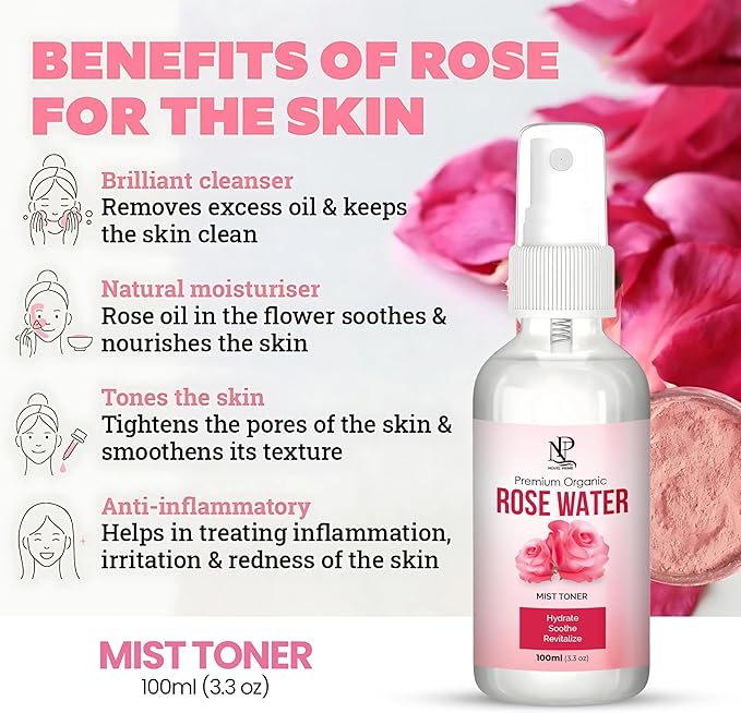 Organic Rose Water for Face (100ml) Refreshing Rose Water Spray for Hair Cleansing and Face Soothing| Pure Hydrating Face Toner Mist for All Skin Types (Pack of 1)