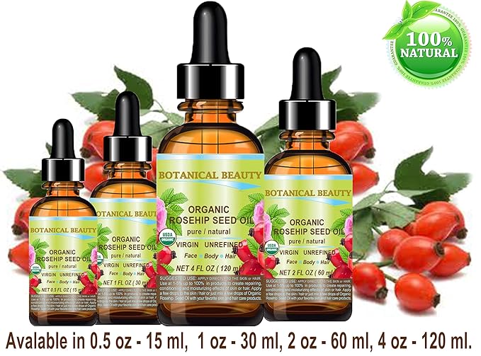 Botanical Beauty Organic Rosehip Seed Oil 100% Pure Natural Virgin Unrefined Cold-Pressed Carrier Oil for Face, Skin, Body, Hair, Lip, Nails, Rich in Vitamin C, Vitamin E, Anti-Aging (4 Fl Oz)