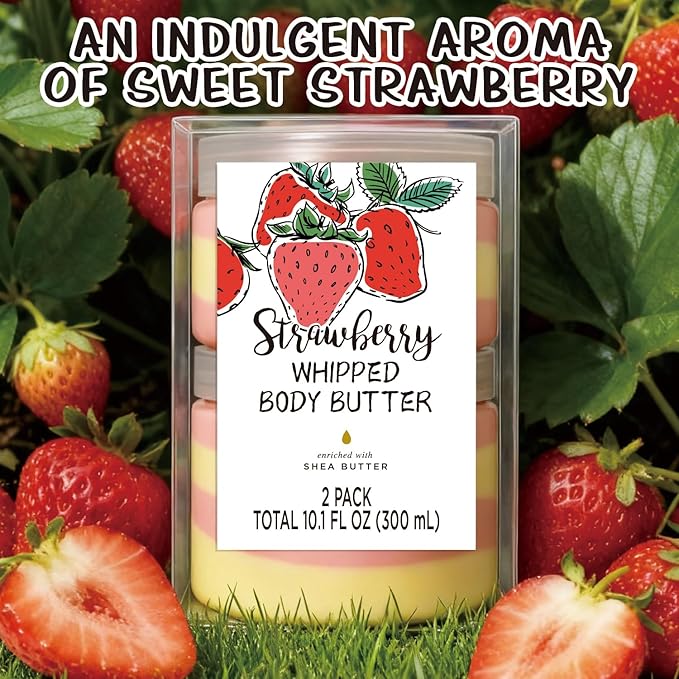 Strawberry Whipped Body Butter, Shea Body Butter for Women Dry Skin, Natural Strawberry Lotion for Body Moisturizer-Deep Moisturizing and Softening-3.4 floz+6.8 floz(100ml+200ml)