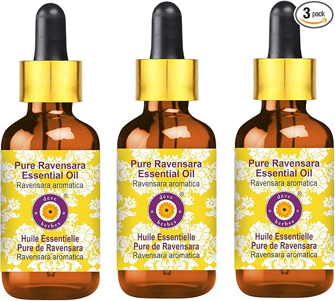 Deve Herbes Pure Ravensara Essential Oil (Ravensara aromatica) Steam Distilled with Glass Dropper (Pack of Three) 100ml X 3 (10 oz)