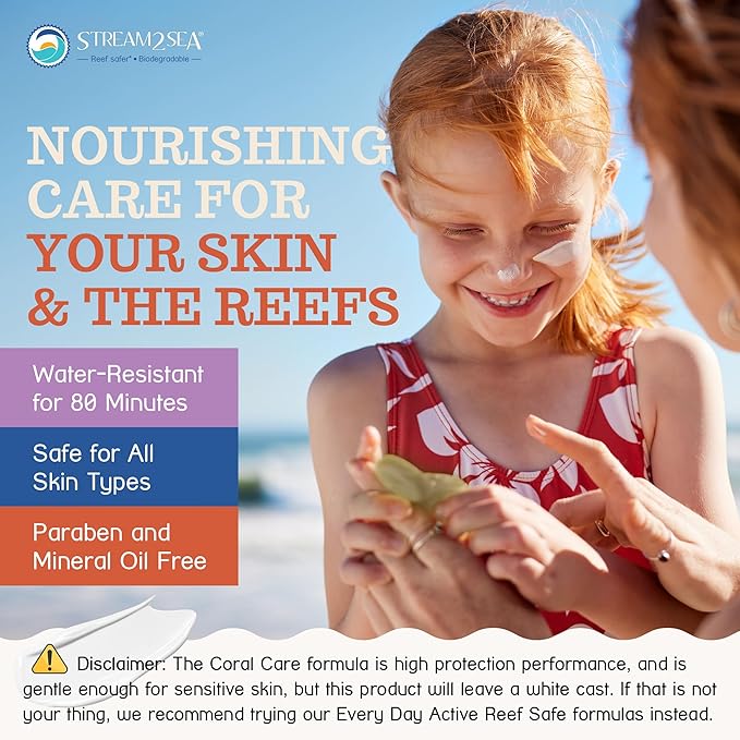 Stream2Sea Coral Care - Reef Safe Sunscreen SPF 30 Travel Size - First Reef-Approved Natural Mineral Sun block Boosts Coral Growth, Water resistant, Biodegradable, Eco-Friendly Sunscreen