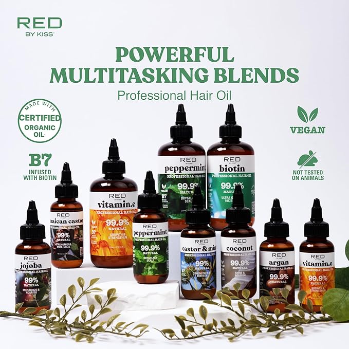 Red by Kiss Professional 99.9% Natural Hair Oil, Organic Vegan Oil Blend for Hair Growth & Nourish, Biotin Infused, Moisturize & Add Shine & Smooth (Rosemary, 2.5 Fl Oz)